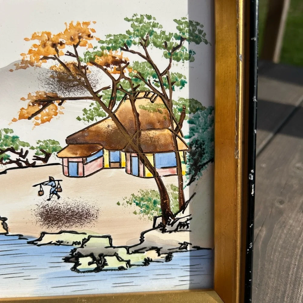 Vintage Japanese White w/ Black frame Landscape Water Fishing 7”x7” Japan - Picture 4 of 13